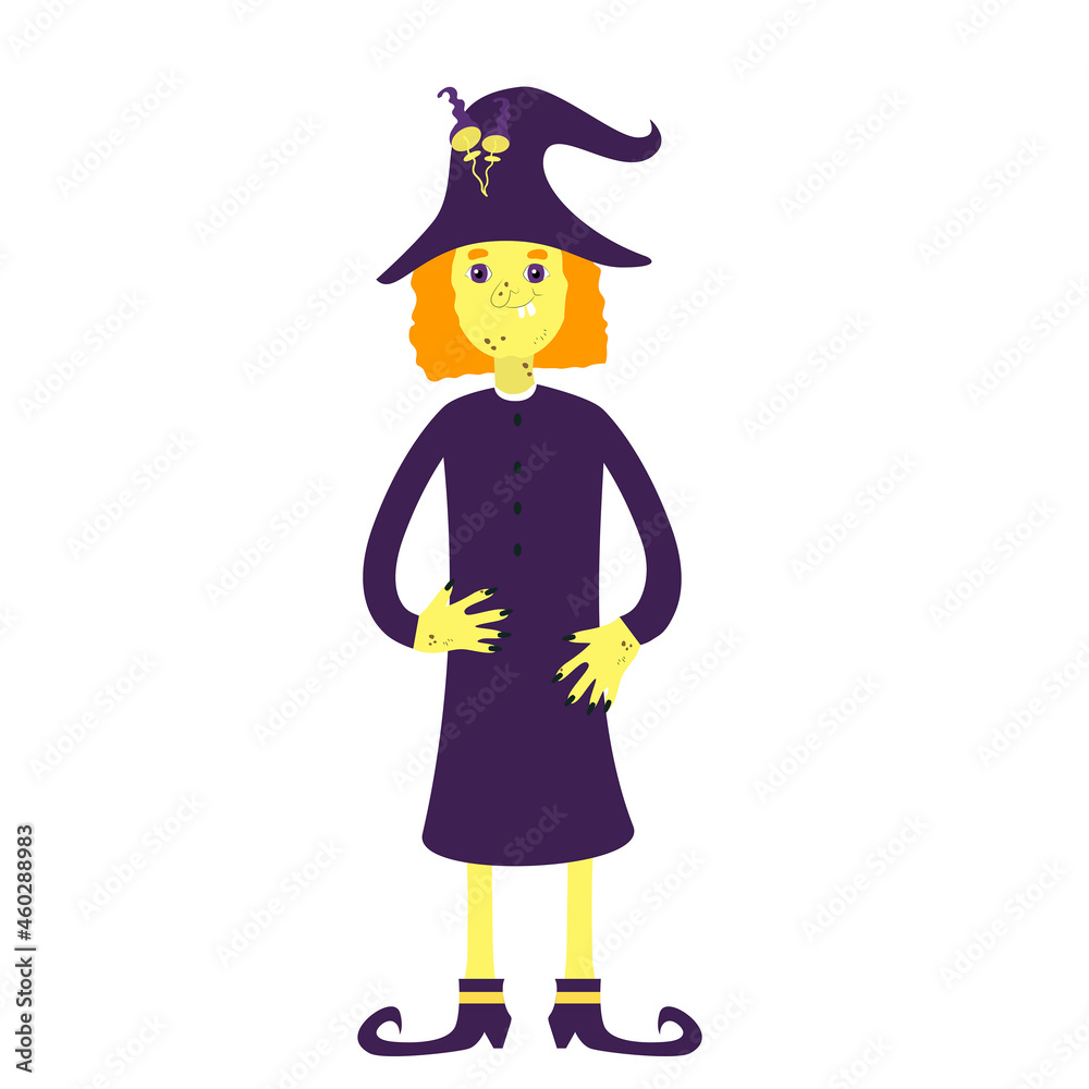A witch in a purple dress and a hat with toadstools, shod in shoes. The Halloween character is smiling, she has red hair and is insanely adorable.