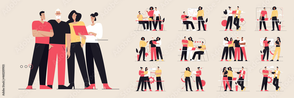 Collection of flat style vector illustrations depicting business people teamwork. Editable stroke - obrazy, fototapety, plakaty 
