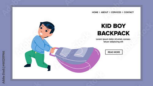 Kid Boy Pull Backpack With Books To School Vector. Schoolboy Child Pulling Heavy Backpack Accessory With Literature. Character Pupil Going Studying With Bag Web Flat Cartoon Illustration