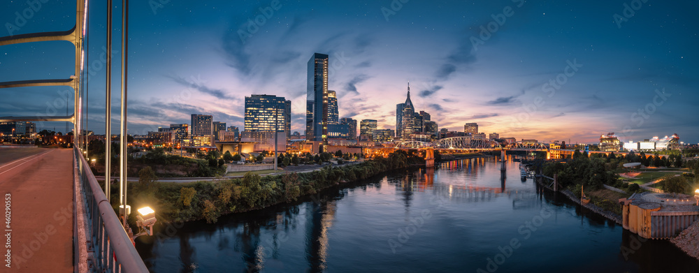 Nashville skyline during blue hour with river front