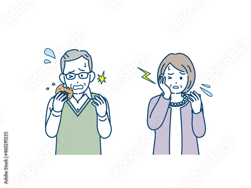 高齢者　年配　シニア　男女　歯が痛い　歯周病　虫歯　固い物が食べれない　イラスト素材