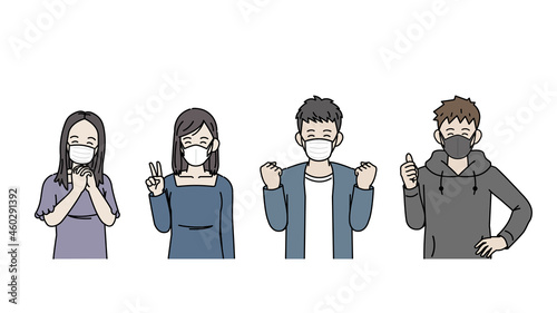 マスクをしている若い男女　人々　笑顔　喜ぶ　安心　イラスト素材