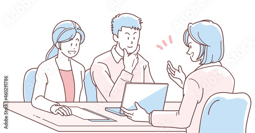商談する若い夫婦とスーツの女性のイラスト