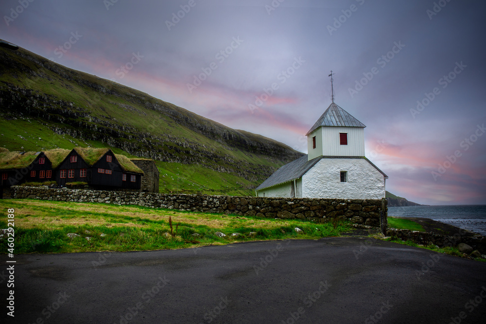 Typical white church, Faroe Islands, Denmark.