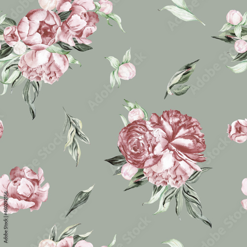 Fototapeta Naklejka Na Ścianę i Meble -  Watercolor dusty pink floral seamless pattern for fabric. Watercolor peonies pattern on gray repeat floral background for apparel, nursery, wallpaper, wrapping paper, home decor