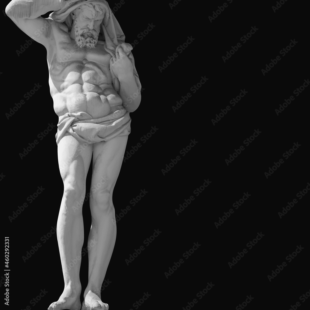 Naklejka premium Hephaestus. In Greek and Roman mythology god of the forge and blacksmiths. An ancient statue on black background. Copy space.