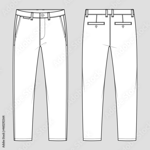 Chino trousers. Men's casual wear. Vector technical sketch. Mockup template.