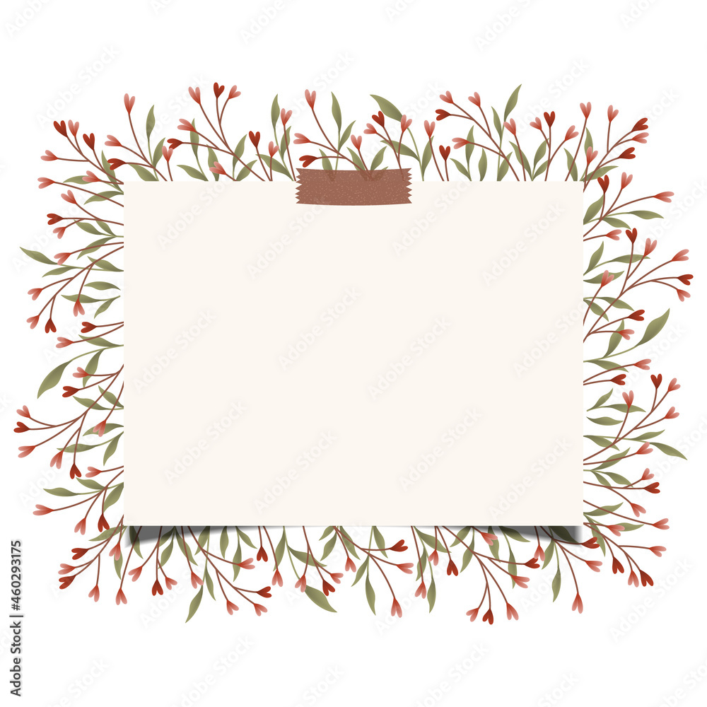 Horizontal rectangular frame design with pink and red heart branches, leaves, and washi taped paper panel. Horizontal rectangular frame design with pink and red heart branches, leaves, and washi taped paper panel.