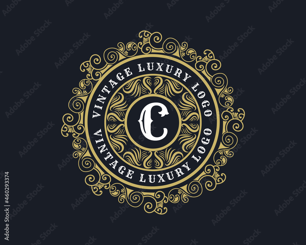 Luxury Logo Template with Luxurious Golden monogram crest and baroque style design for wedding invitation, Hotel, Boutique brand identity. Vector Illustration. 