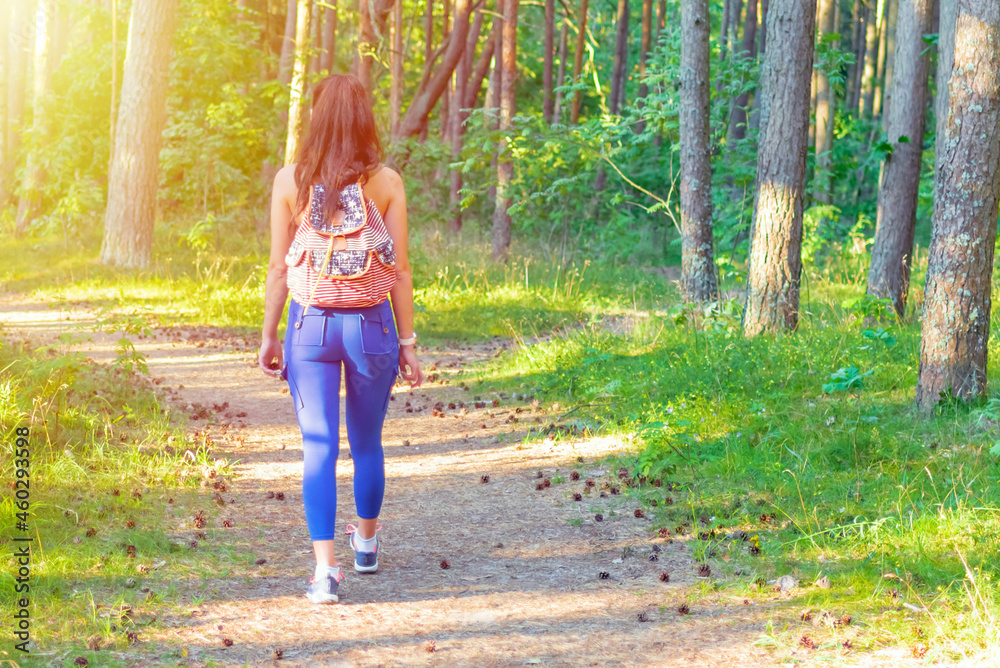 Young woman traveler with backpack walking in a forest, sunset wanderlust travel concept,back view,copy space. Young woman traveler with backpack walking in a forest, sunset wanderlust travel concept,back view,copy space.