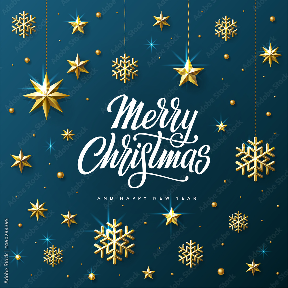 Merry Christmas Golden Snowflake Blue Vector illustration. - obrazy, fototapety, plakaty 