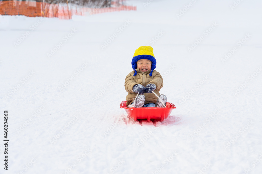Cute boys very happy and fun while sledging in the snow