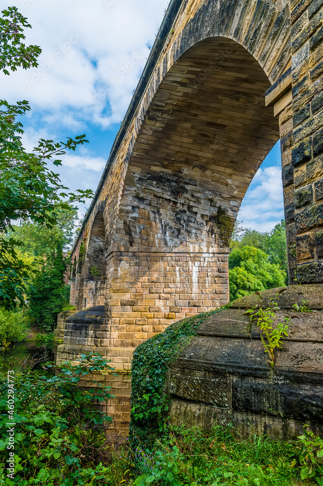 A view beside the River Tees undernearth the Yarm Viaduct at Yarm, Yorkshire, UK in summertime