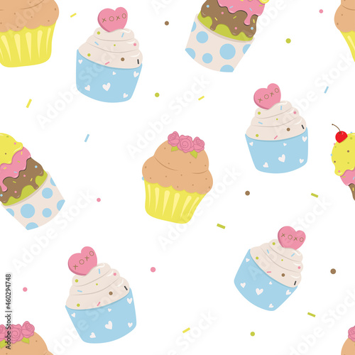 Birthday seamless pattern with cute sweets - ice cream   cupcakes and confetti. Pink  blue   green  brown and yellow colors. Vector illustration  great for gift wrap  paper design. 