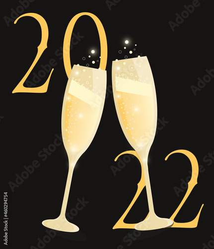 Happy New Year. 2022. Elegant golden shapan on a black background. Glasses of champagne. Holiday. Christmas poster. Family celebration. Sparkling drink.