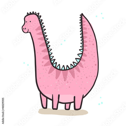 Cute sketch hand drawn color brachiosaurus illustration. Bright cartoon childish funny dinosaur for kids print design, textile decoration, greeting cards, dino stickers, logo