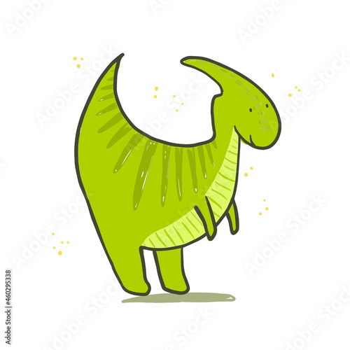 Cute sketch hand drawn green color parasaurolophus illustration. Bright cartoon childish funny dinosaur for kids print design, textile decoration, greeting cards, dino stickers, logo