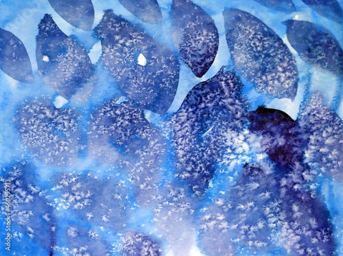 Blue and white snow abstract watercolor Hand painted background. Stains and crystal snowflakes on light and dark blue. 