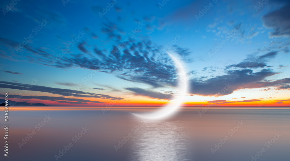 Abstract background - Crescent moon over the sea with lot of stars and nebula at night 