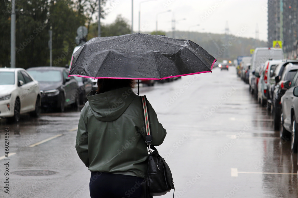 Heavy rain in a city, woman with black umbrella on a street on parked cars background. Rainy weather at autumn