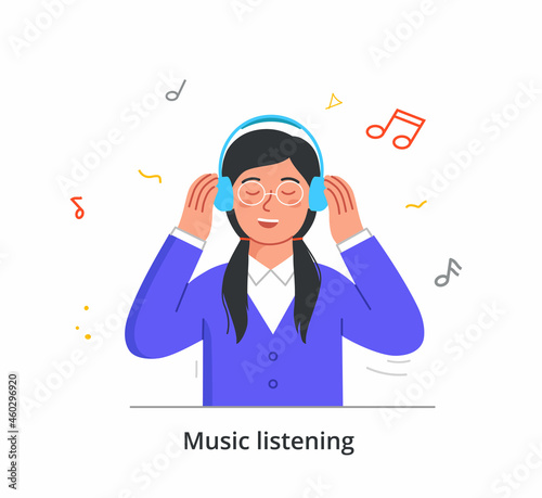 Cheerful cute female character is listening to music in headphones on white background. Concept of people enjoing listening to different kinds of music. Flat cartoon vector illustration