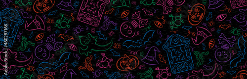 Banner with halloween decoration. Halloween greeting banner. Horizontal halloween background, headers, posters, cards, website. Vector illustration