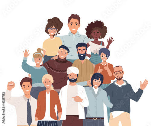 Join our team. Teamwork, cooperation, friendship concept. Multicultural team. Unity in diversity. People of different nationalities and religions cartoon characters. 