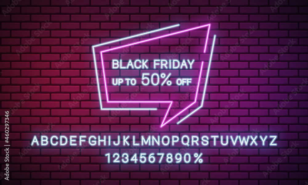 Fototapeta premium Banner for black Friday sale. Neon sign and alphabet on brick wall. Vector illustration.