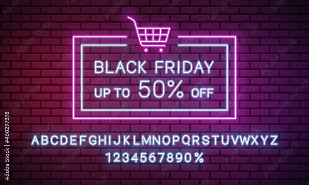 Obraz premium Banner for black Friday sale. Neon sign and alphabet on brick wall. Vector illustration.