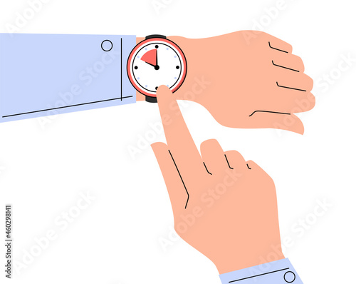 Finger pointing at watch on the hand vector isolated. Time is ticking, concept of deadline and time management. Checking time.