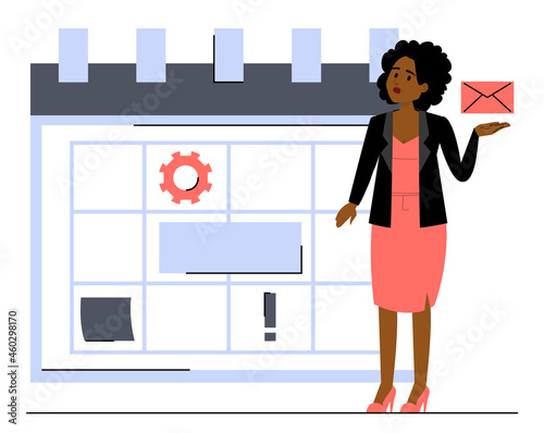 Businesswoman standing at the big calendar vector isolated. Concept of time management and workday planning. Week and month planner, african american person building a schedule.