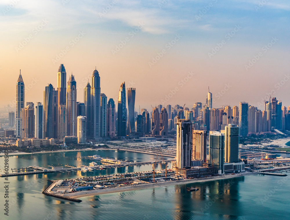 Dubai, UAE - 09.24.2021 Dubai city skyline on early morning hour. Dubai Marina. Urban