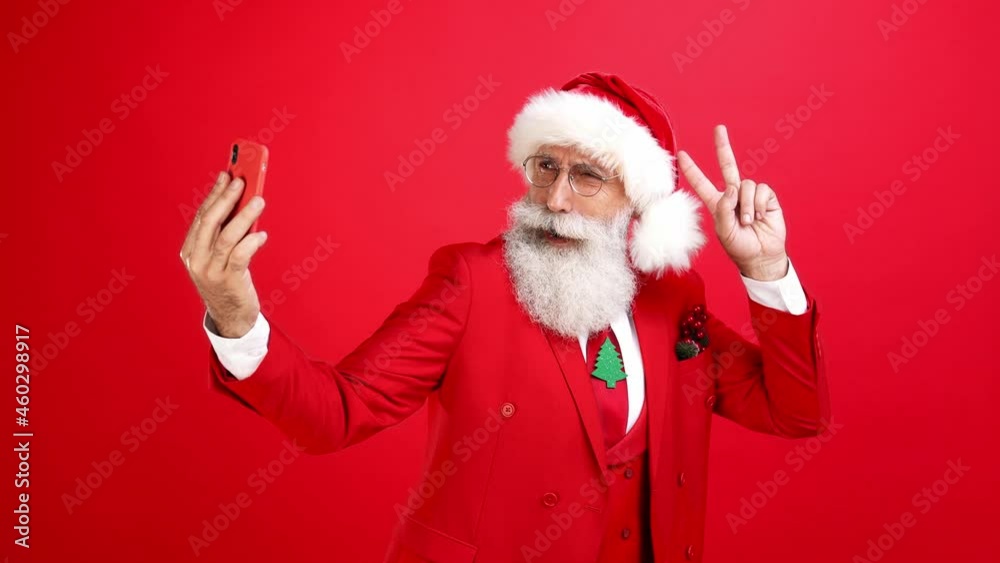 Positive charismatic grandfather make portrait smartphone selfie show v-sign Positive charismatic grandfather make portrait smartphone selfie show v-sign
