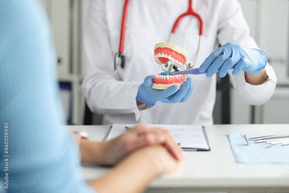 Dentist shows model of jaw and gives lesson on how to properly care for your teeth and oral cavity Dentist shows model of jaw and gives lesson on how to properly care for your teeth and oral cavity