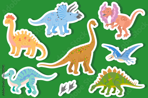 Set of baby cute dinosaurs in vector. Jurassic Reptile Stickers Brachiosaurus, Dilophosaurus, Triceratops, Stegosaurus, Pterodactyl, Amargasaurus, Corytosaurus. Collection of drawn dinosaurs.