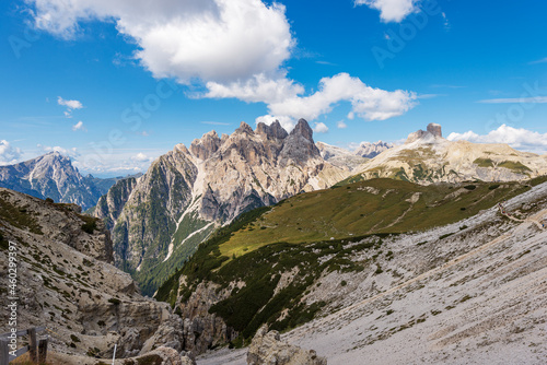 Sexten Dolomites from Tre Cime di Lavaredo. Peaks of Picco di Vallandro, Monte Rudo, Croda dei Rondoi, Torre dei Scarperi, Cima Piatta Alta. UNESCO world heritage site, Trentino-Alto Adige, Italy.