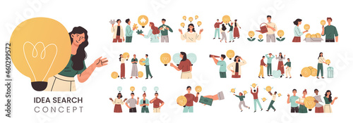 Set with creative male and female characters with light bulbs on white background. Concept of finding brilliant ideas. Lightbulbs as symbol of solutions and knowledge. Flat cartoon vector illustration