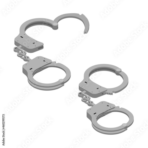 Opened and closed handcuffs isolated on white background.