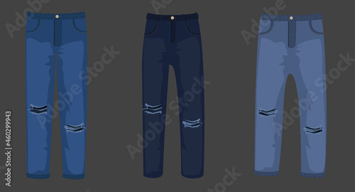 Set of blue jeans pants fashion denim clothing isolated on background.