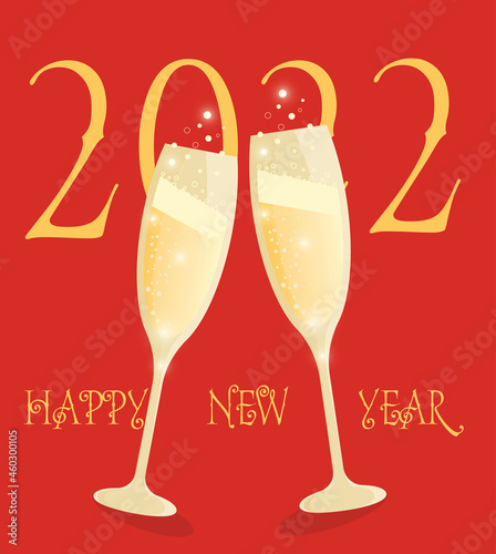 Happy New Year. 2022. Glasses of champagne. Celebration.Elegant golden shapan on a red background. Christmas poster. Sparkling drink.
