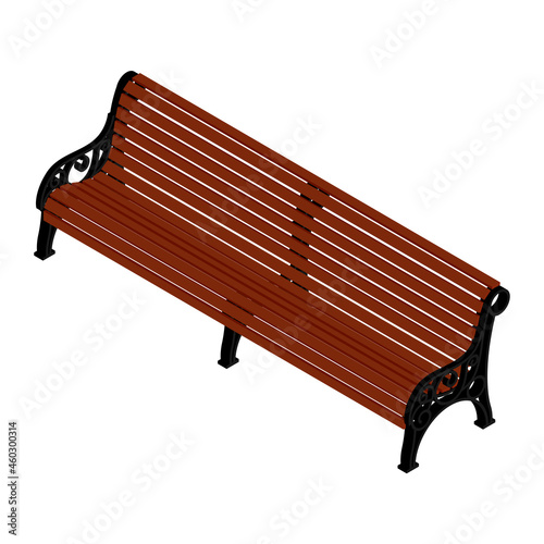 Brown wooden bench with a decorative ornate metal legs and armrests