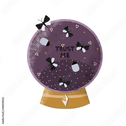 Magic crystal and insects. Halloween graphic. Vector hand drawn illustration.