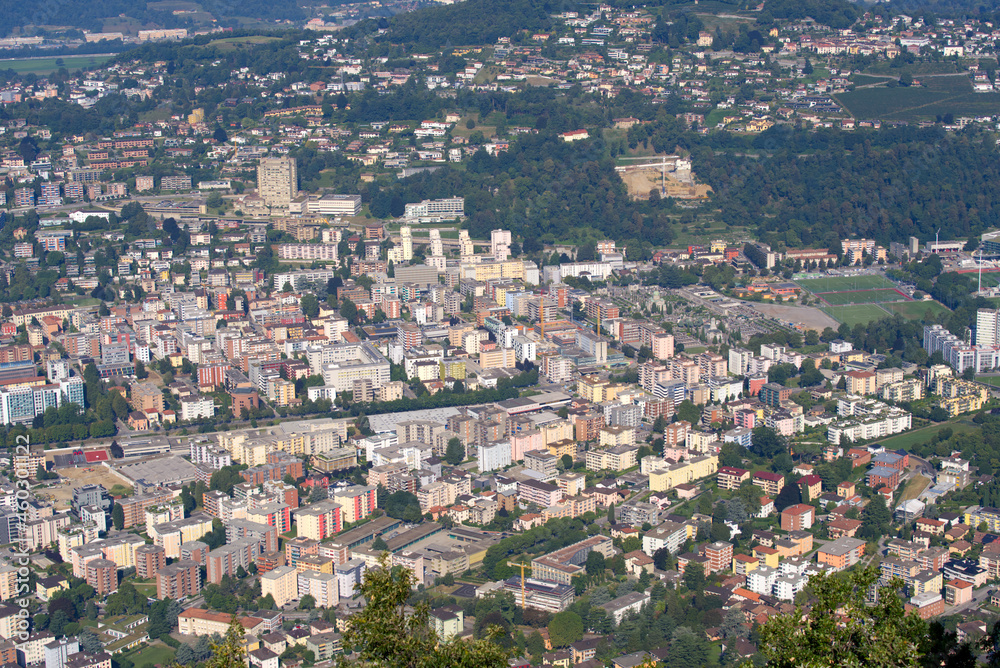 Aerial view of Lugano on a sunny late summer morning. Photo taken September 11th, 2021, Lugano, Switzerland.