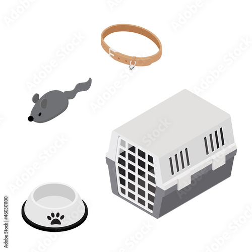 Pet accessories, pet carrier, food bowl, collar and toy vector icon set.