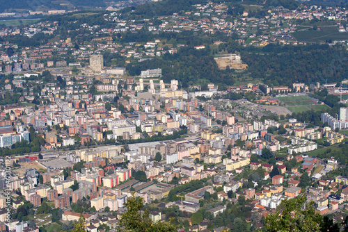 Fototapeta Naklejka Na Ścianę i Meble -  Aerial view of Lugano on a sunny late summer morning. Photo taken September 11th, 2021, Lugano, Switzerland.
