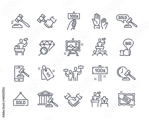 Set of auction related linear icons isolated on white background. Outline templates of price tag, deal, auctioneer and other elements. Flat cartoon vector illustration