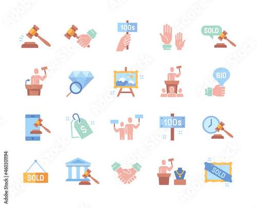 Set of colorful essential auction elements isolated on white background. Colored templates of price tag, deal, auctioneer and other icons. Flat cartoon vector illustration