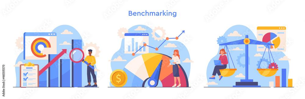 Colorful set with scenes of benchmarking process on white background. Concept of business development and improvement. Compare quality with competitor companies. Flat cartoon vector illustration Colorful set with scenes of benchmarking process on white background. Concept of business development and improvement. Compare quality with competitor companies. Flat cartoon vector illustration