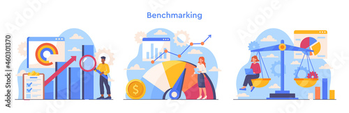 Colorful set with scenes of benchmarking process on white background. Concept of business development and improvement. Compare quality with competitor companies. Flat cartoon vector illustration