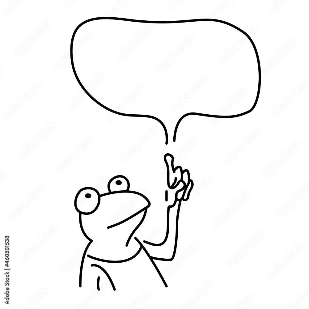 Funny serious frog points to speech bubble. Simple vector doodle illustration isolated on white background. Funny serious frog points to speech bubble. Simple vector doodle illustration isolated on white background.
